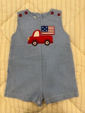 Blue Seersucker Romper with Red Truck